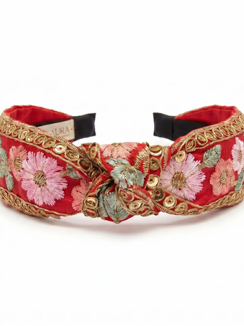 Embroidered Red Floral Boho Headband with Gold Trim